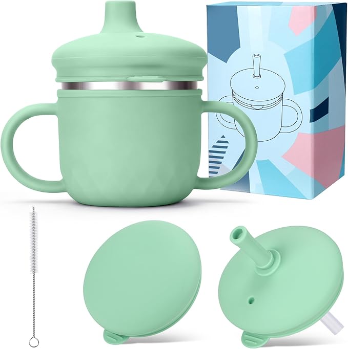BUSOHA Stainless Steel Sippy Cups for 6+ Month Old - 3 IN 1 Silicone Sippy Cup Toddlers Baby Straw Cup with Brush,Lid and Silicon Straw Kids Anti-Drop Spill Proof Cups for Travel,8 oz,Green