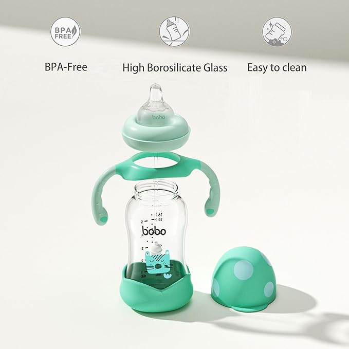 YOHKOH Natural Glass Baby Bottle with Natural Response Nipple, Wide Neck Baby Bottles with Handle, Newborn Anti-Colic Baby Bottles Gift Set, Clear (5.4oz (Pack of 2), Blue)