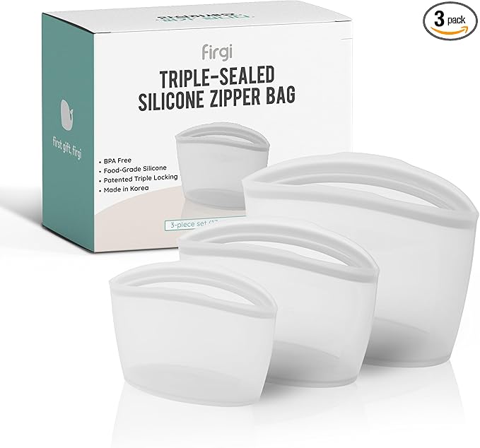 Premium Platinum Silicone Reusable Food Storage Bags 3-Pack (17 fl oz + 29 fl oz + 51 fl oz), Airtight Zip Lock Bags for Food, BPA-Free Silicone Freezer Bags, Microwave Safe, White
