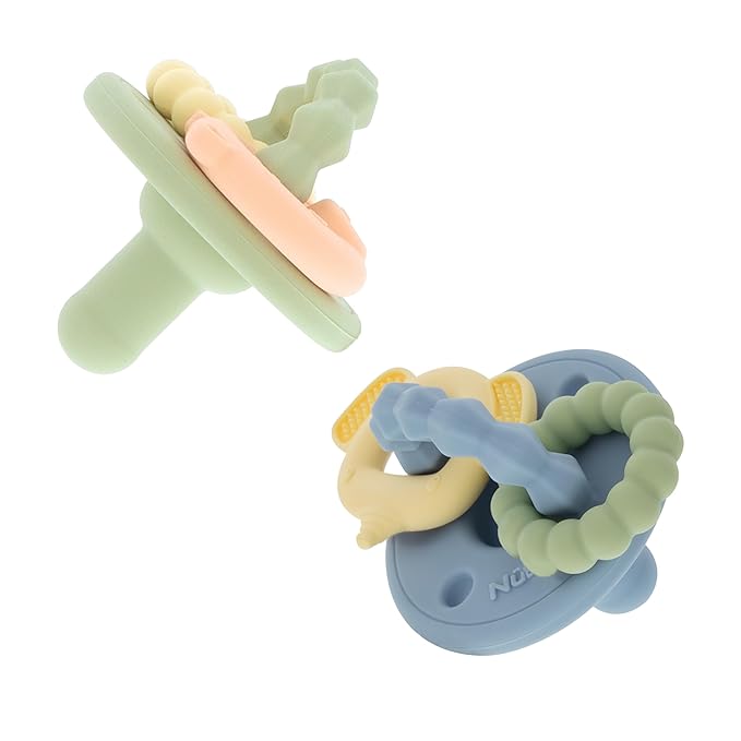 Nuby Charms Silicone Infant Pacifier and Teether Toy - 2 Pack - 0+ Months - Green and Blue