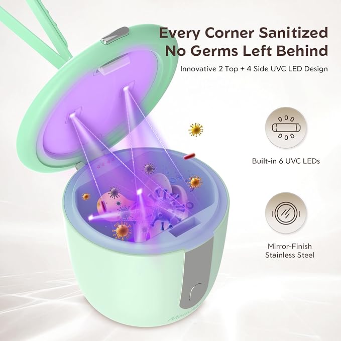 MomMed Portable Pacifier Sanitizer with Smart Display, Dual 60/180s Disinfection Modes, Auto Shut-Off, UV Pacifier Holder Case for Baby Pacifiers, Teethers, Bottle Nipples and More(Green)