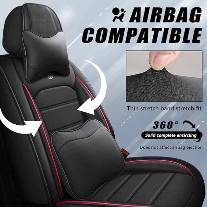 Leather Seat Cover for Ford Edge 2010-2026,Waterproof Soft Seat Covers,Interior Accessories Seat Covers Cushion Vehicle Protector Airbag Compatible(Black&Red,Full Set with Pillow)