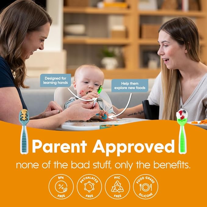 NumNum Baby Spoons Set, Feeding Littles x Silicone Pre-Spoon GOOtensils for Baby Led Weaning, Self-Feeding & Teething, First Stage Toddler Utensils for Ages 6+ Months, 6-Pack, BPA-Free (Neutral/Neon)