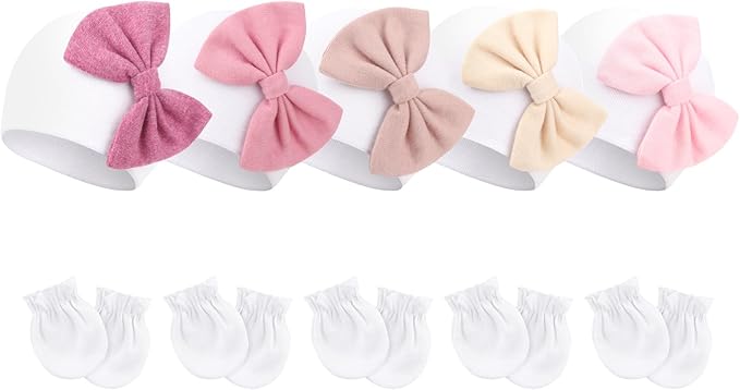BQUBO Newborn Baby Girls Hats Mittens Set Hospital Hat Beanie Infant Bow Hats Baby Cotton Gloves for 0-6 Months
