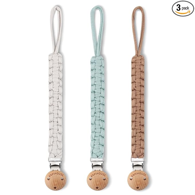 Pacifier Clip for boy 9.2 Inch Pacifier Leashes woodern Clips Teething Toy with Handmade Braided Cotton Modern Unisex Baby Shower Birthdays Christmas Set (3 Pack Boys)
