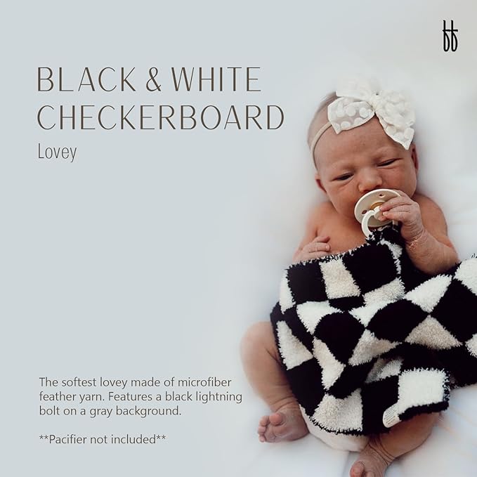 Forever French Baby | Lovey | Pacifier Holder | Lovey Baby Gifts | Boy & Girl | Ideal for Age 0 Months & Up | Microfiber Feather Yarn (Black & White Checkerboard)
