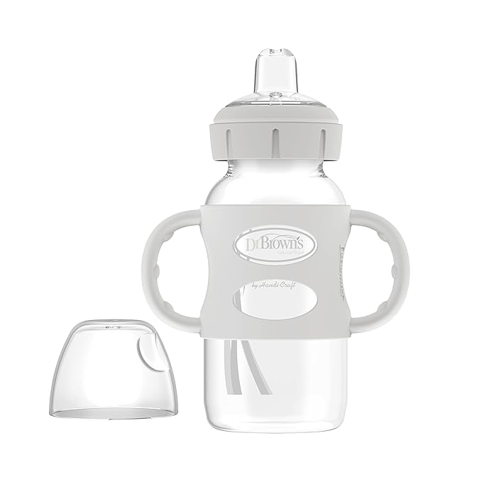 Dr. Brown's Milestones Wide-Neck Sippy Spout Bottle with 100% Silicone Handles, Easy-Grip Handles with Soft Sippy Spout, 9oz/270mL, Light-Blue & Gray, 2-Pack, 6m+