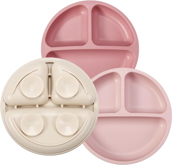PandaEar 3 Pack Toddler Plates, Silicone Divided Suction Plate for Babies, BPA-Free 100% Food-Grade Silicone Unbreakable Baby Plate (Pink/Linen/Light Pink)