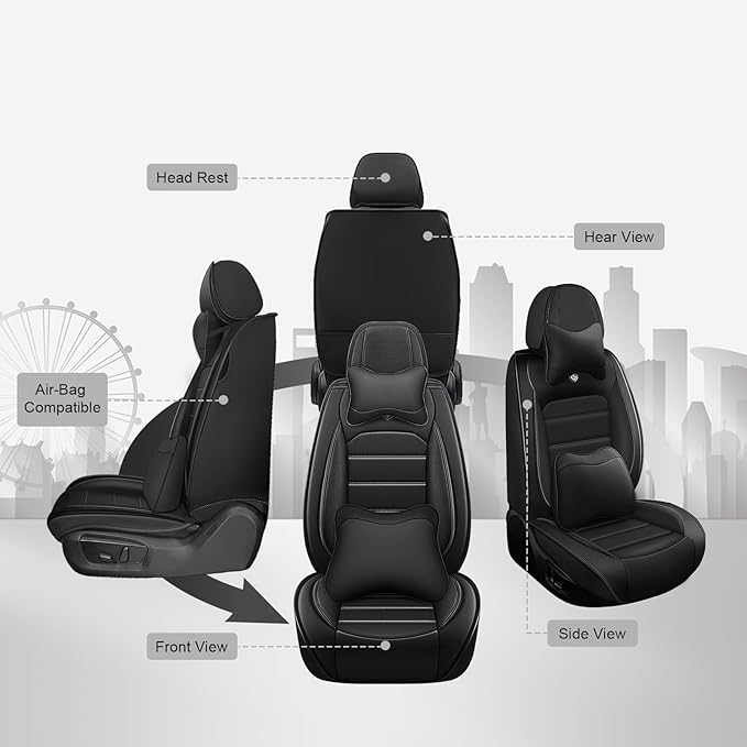 JOJ Car Seat Cover Fit for Toyota Highlander 2001-2025,7 Seat Car Seat Cover,No-Slip Waterproof Breathable Faux Leather,Full Set with Pillow Steering Wheel Covers,Black