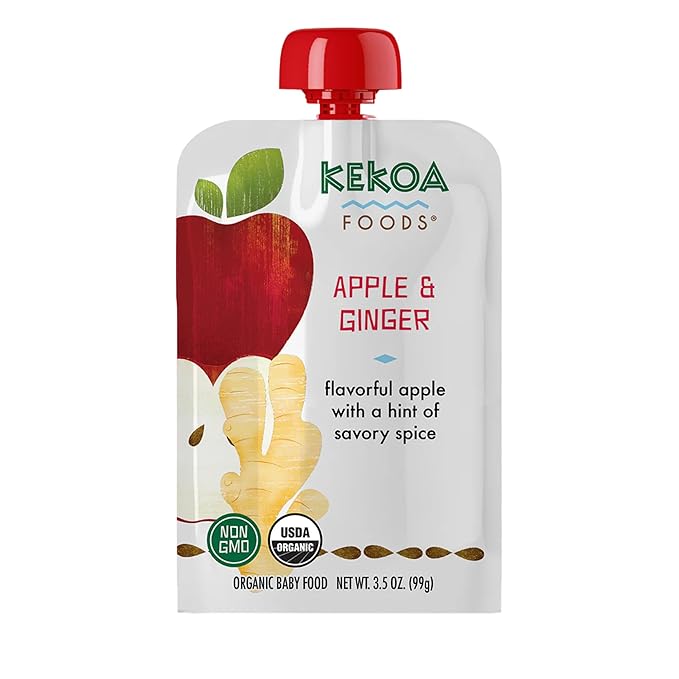 Kekoa Foods Apple & Ginger Baby Food Purée | 100% USDA Certified-Organic, No Sugar Added | Organic, Non-GMO, Gluten-Free, Vegan | Mild Ginger for Flavor Development | 3.5 oz Squeeze Pouch