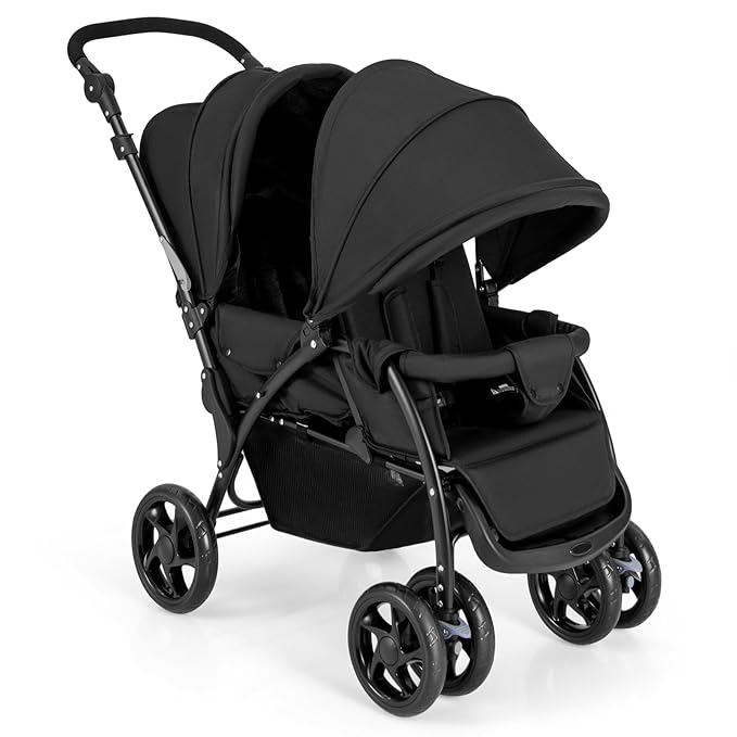 HONEY JOY Double Stroller, Foldable Lightweight Infant Twin with Tandem Seating, 5-Point Harness, Recline Seat, Storage Basket, Compact Baby Double Stroller Newborn and Toddler (Black)
