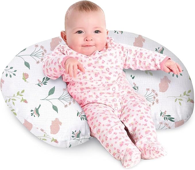 Little Grape Land Nursing Pillow, Soft 100% Cotton Breastfeeding Pillow with Breathable Muslin Cotton Removable Cover, Pink Bunny Breast Feeding Pillows for Babies 0-12 Months with Protective Zipper