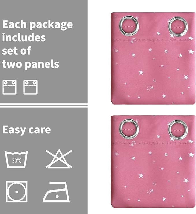 BGment Pink Star Blackout Curtains for Kid's Bedroom - Grommet Thermal Insulated Room Darkening Printed Curtains for Living Room, Set of 2 Panels, 52 x 84 Inch