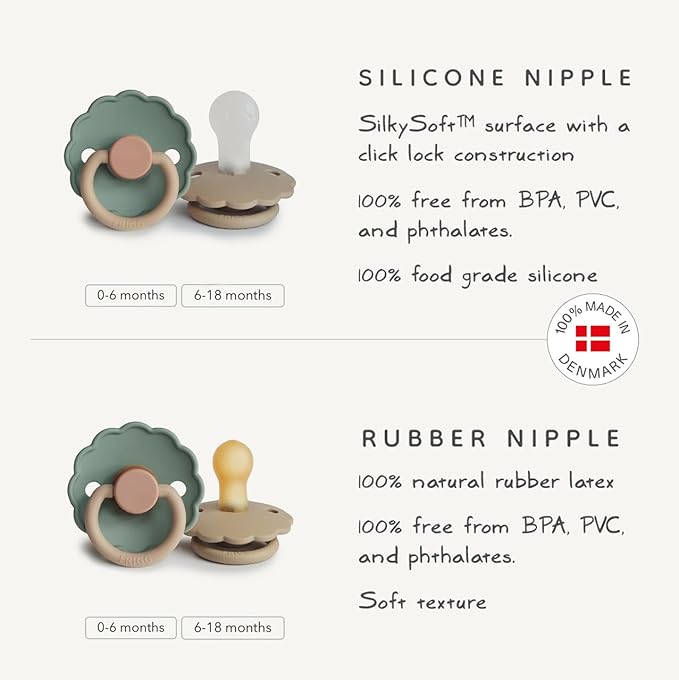 FRIGG Daisy Night Natural Rubber Baby Pacifier | Made in Denmark | BPA-Free (Portobello/Croissant, 0-6 Months) 2-Pack
