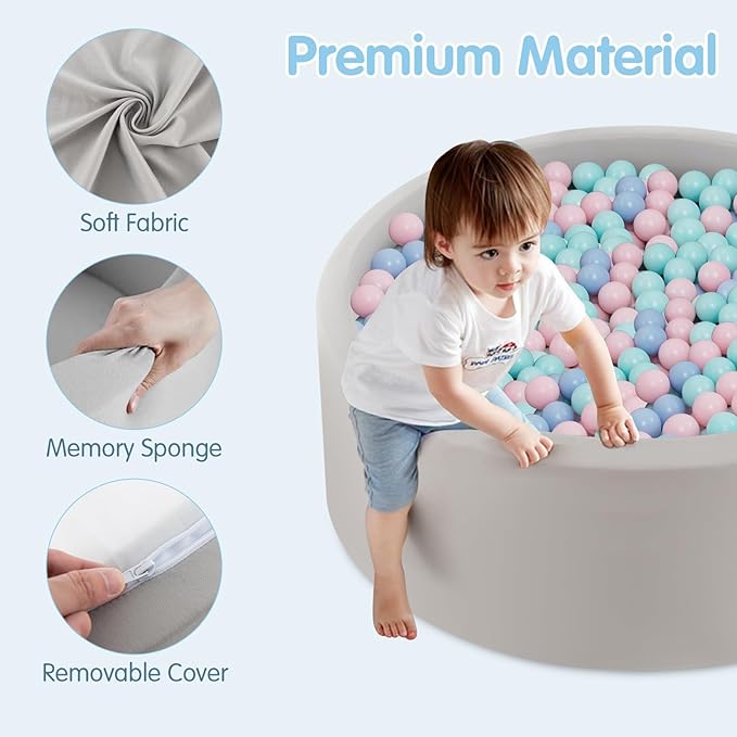INFANS Foam Ball Pit for Toddlers with 200 Balls, 36"x 12" Large Round Ball Pool Playpen with Soft Memory Sponge Pad, BPA Free, Ideal Gift for Kids Babies Indoor Outdoor (Gray)