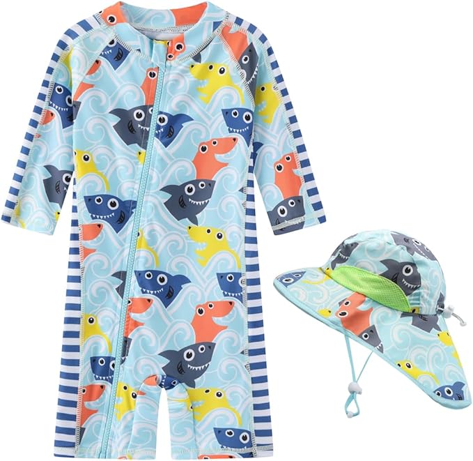 Toddler Baby Boys Swimsuit Rashguard One Piece Zipper Bathing Suit with Sun Hat Infant Swimwear Sunsuit UPF 50+