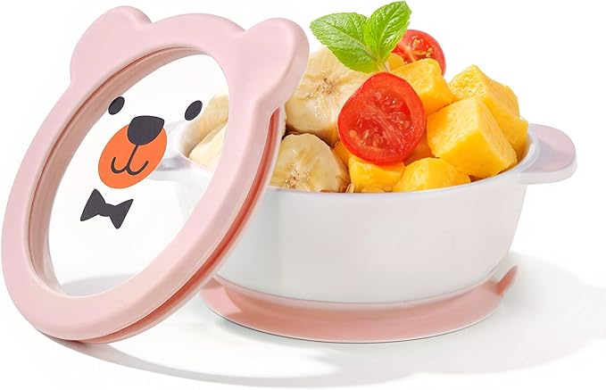 Ceramic Suction Bowl for Babies and Toddlers, Non-Slip Silicone Suction Cup, BPA-Free Lids, Independent feeding, First Stage Self Feeding Essential, Baby-Led Weaning Snack Feeder
