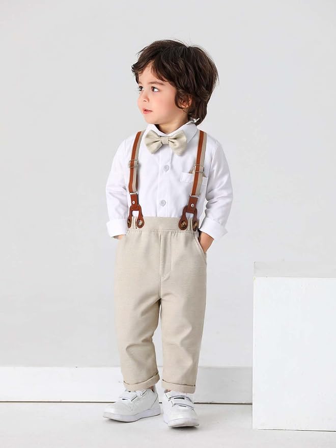 Boarnseorl Baby Boys Pants Sets,Toddler Gentleman Outfits, Infant Long Sleeve Shirt + Pants + Bow Tie + Suspenders