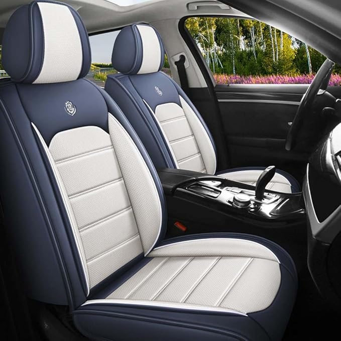 Leather Seat Cover for Ford Edge 2010-2026,Waterproof Soft Seat Covers,Interior Accessories Seat Covers Cushion Vehicle Protector Airbag Compatible(Blue&White,Full Set)