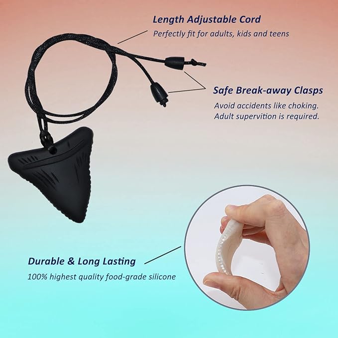 Chewy Necklace Sensory for Kids and Adults, Shark Tooth Silicone Autism Chew Toys Sensory for Boys Girls with ADHD, Anxiety, SPD, 6 Pack Chewing Necklace - BPA Free