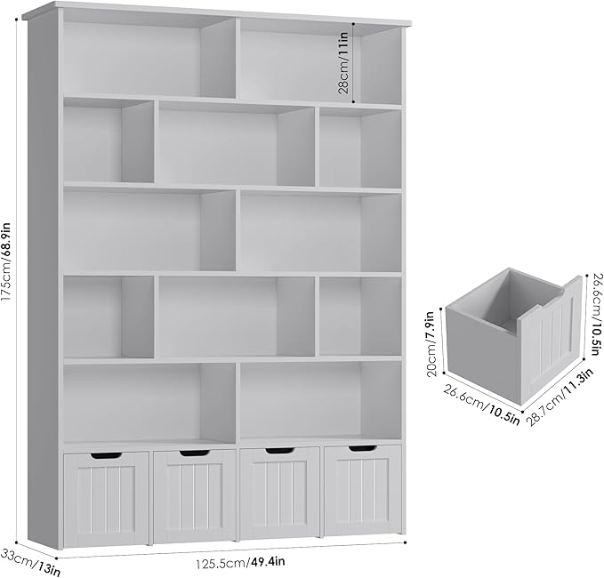 FINETONES 69" H Toy Storage Organizer, 6 Tier Tall Kids Bookshelf with 4 Movable Drawers and 12 Storage Cubbies, 49.4" W Toy Organizers and Storage Organizer Playroom Storage for Kids Room, Grey