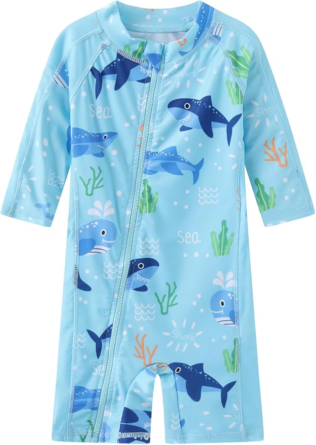 Toddler Baby Boys Swimsuit Rashguard One Piece Zipper Bathing Suit with Sun Hat Infant Swimwear Sunsuit UPF 50+