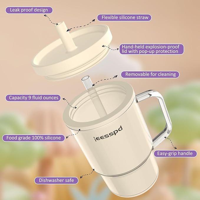 Toddler Cups – 9 oz Adorable Miniature Tumbler with Leak-Resistant Straw and Toddler-Friendly Handle, Encourages Hydration, Easy to Clean, Sippy cups for Toddlers 1-3，BPA Free silicone (Cream)