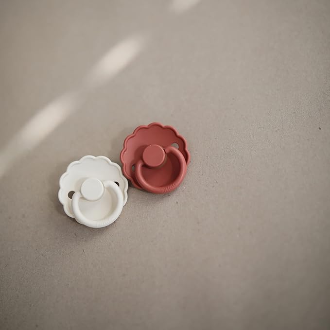 FRIGG Daisy Natural Rubber Baby Pacifier | Made in Denmark | BPA-Free (Baked Clay/Cream, 6-18 Months) 2-Pack