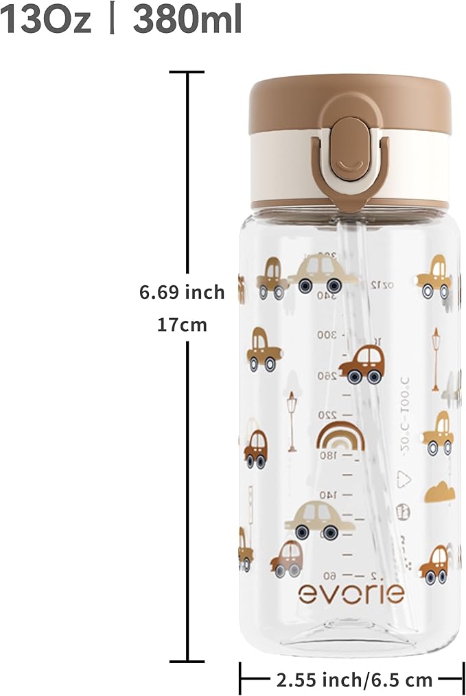 Evorie Tritan Kids Water Bottle for School with Straw, 13oz BPA Free Leak Proof Drinking Cup, Lightweight and Durable Drink Bottle (Choco Car)