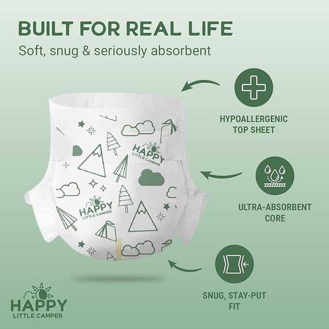 Happy Little Camper Ultra-Absorbent Super Saver Baby Diapers Size 3 - Hypoallergenic, Unscented & Chlorine-Free Disposable Diapers (200 Count) Come with Flushable Wipes (200 Count) for Sensitive Skin