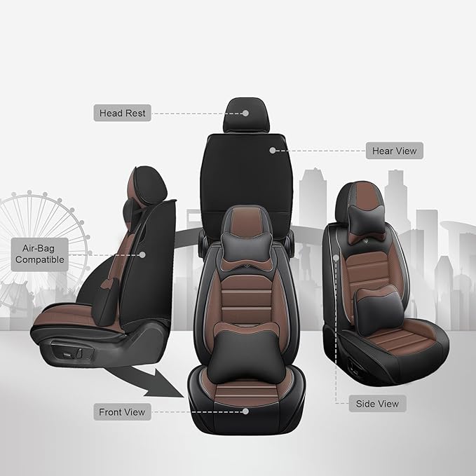 JOJ Car Seat Cover Fit for Toyota Highlander 2001-2025,7 Seat Car Seat Cover,No-Slip Waterproof Breathable Faux Leather,Full Set with Pillow Steering Wheel Covers,Black Coffee