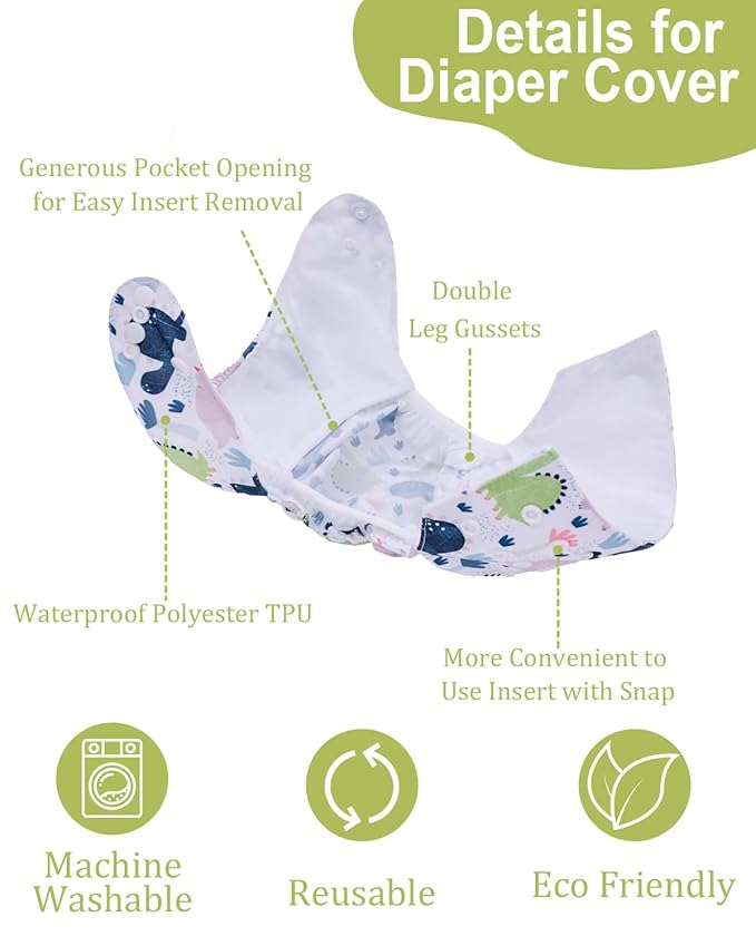 babygoal Cloth Diaper Covers 6 Pack with Wet Bag for Fitted Diapers and Prefolds with Double Gussets, Adjustable and Reusable for Baby Boys and Girls 6DCF11-B