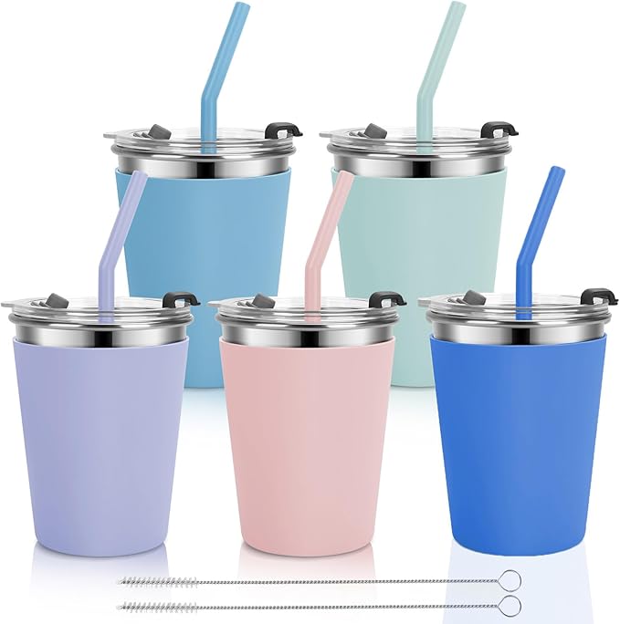 Kids Cups with Straws and Lids, 5 Pack 12oz Spill Proof Toddlers Straw Cup with Lid, Stainless Steel Kid Cups with Lids for School, Outdoor, Multicolor