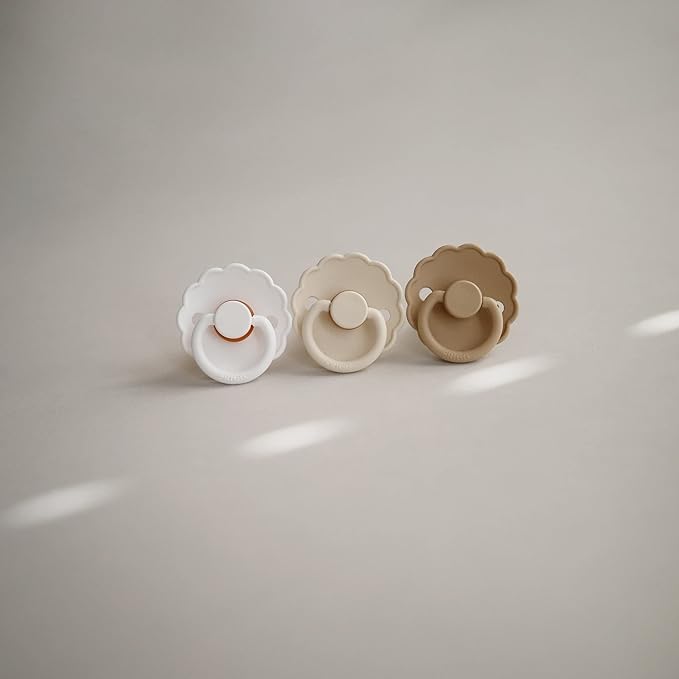 FRIGG Daisy Natural Rubber Baby Pacifier | Made in Denmark | BPA-Free (Croissant/Portobello, 0-6 Months) 2-Pack