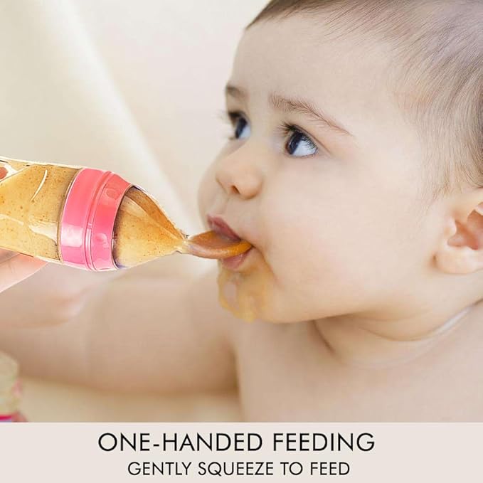Matyz 2 PCS Silicone Baby Food Dispensing Spoon (Pink, 4oz/120ml) Squeeze Feeder with Spoon - Spoon Bottle for Baby - Baby Spoon Feeder Bottle Baby Solid Food Feeder - Ideal for 4 Months+ Babies