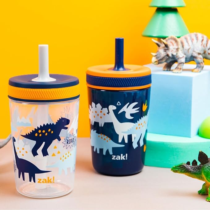 Zak Designs Kelso Toddler Cups For Travel or At Home, 15oz 2-Pack Durable Plastic Sippy Cups With Leak-Proof Design is Perfect For Kids (DinoRoar, Zaksaurus)