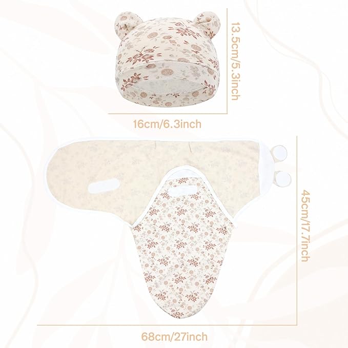 Cinaci 2 Pack Adjustable Soft Cotton Blend Newborn Baby Receiving Swaddle Blankets Sleep Sacks with Nursery Hats Caps Beanies Bonnets for Baby Girls Boys Newborns Infants