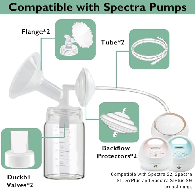 20mm Flange Pump Parts Compatible Spectra S1 S2 9 Breast Pumps Replacement,Full Set Replacements Include Flange Backflow Protector Membrane Duckbill Valve Tube,Not Original Accessories