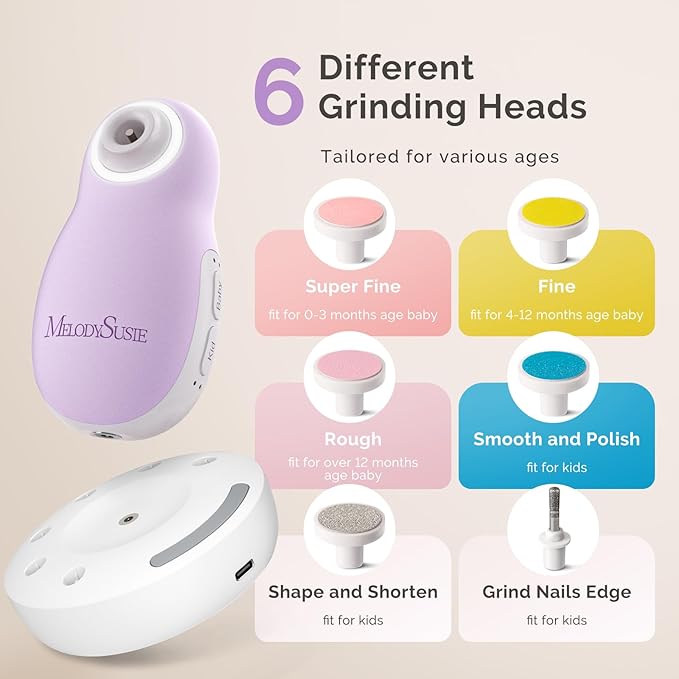 MelodySusie Baby Nail Trimmer Electric, Magnetic Rechargeable Baby Nail File with Night Light, PC20F Baby Nail Clippers Set with 6 Gentle Pads for Newborns, Infants & Toddlers, Purple
