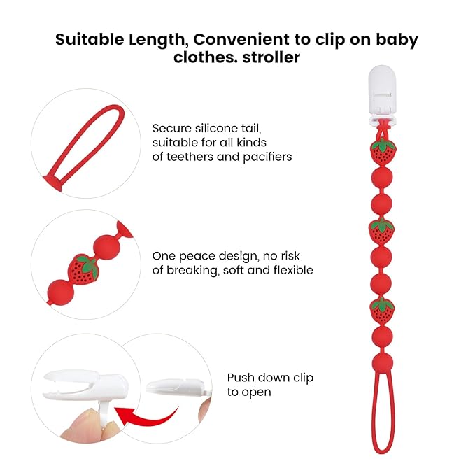 Cute Animal Baby Food Grade Silicone Teether Toy with One Piece Design Pacifier Clip Holder,Teething Pain Relief Toys Gift Set for 3 Months+ Boys and Girls,Freezer Safe,BPA Free (Strawberry)