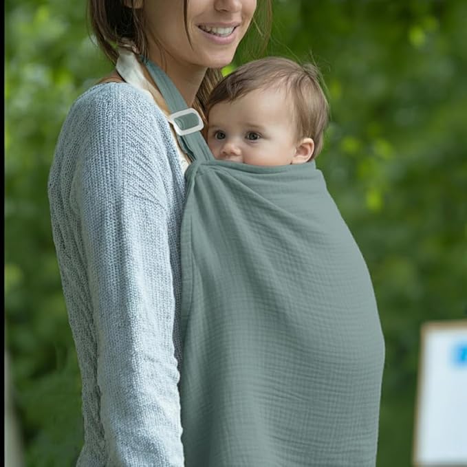 Muslin Nursing Covers for Breastfeeding, Arch Neckline Breast Feeding Covers for Women, Moms Privacy Breathable Summer Nursing, Enlarged XL Size Soft Feeding Cover (Roman Green)