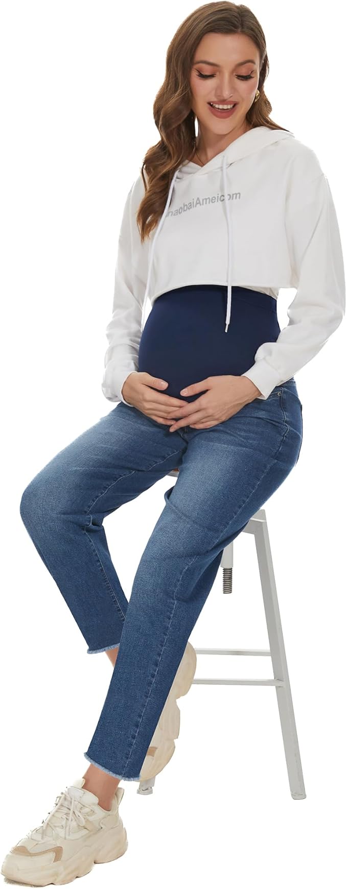 POSHGLAM Women's Maternity Jeans Over Belly Comfy Stretch 28'' Boyfriend Jeans Loose Pregnancy Pants, S-XXL