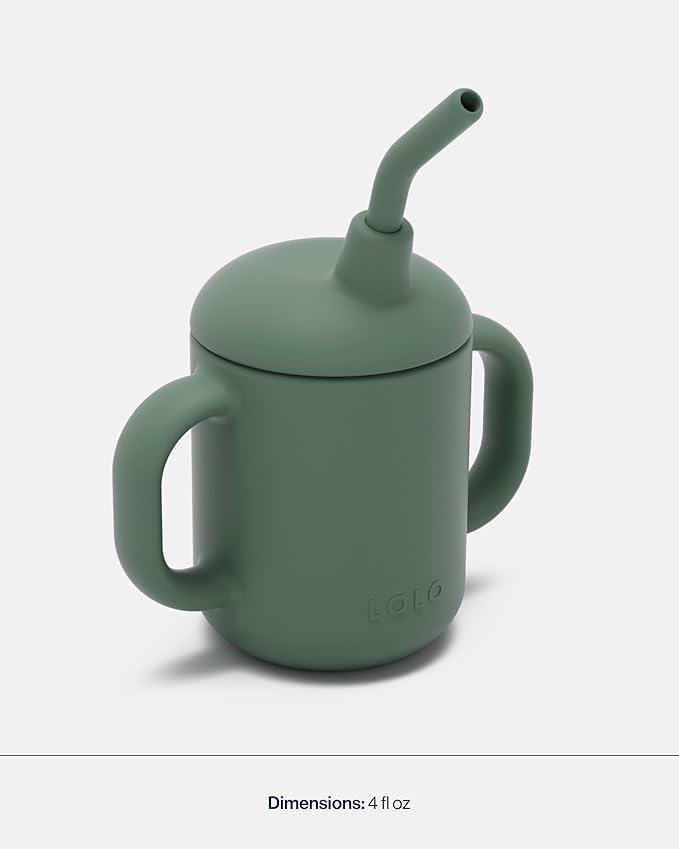 Lalo Little Cup 2-Pack, Non-Toxic Silicone Straw Cup with Handles - Baby and Toddler Sippy Cup - Mini Cup and Straw Training System, 4oz, Olive