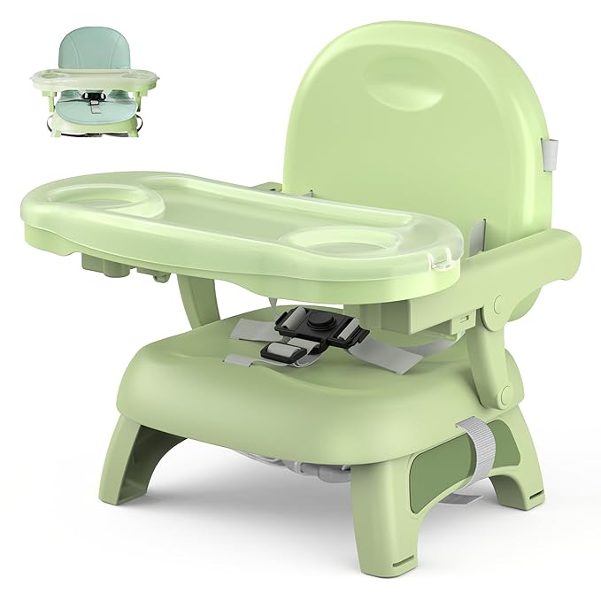 Bella’s Friends 3-in-1 Toddler Booster Seat for Dining Table and Kitchen Chair with Adjustable Double Layer Tray and Safety Straps, Foldable&Portable Baby Floor Seat with Removable Cushion, Green