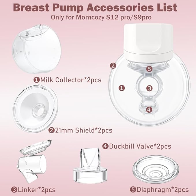 Two Full Milk Collector Cup Sets with 21mm Flange Compatible with Momcozy S12 Pro/S9 Pro Breast Pump, NOT for S9/S12, Replacement Pump Parts with Duckbill Valve, Flange, Diaphragm, Linker, Collector