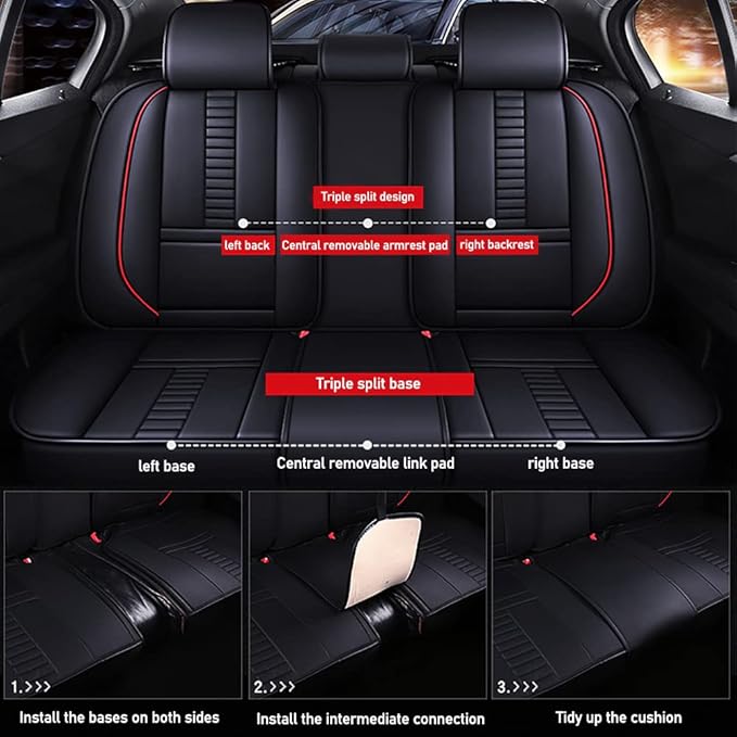 Waterproof 5 Car Seat Covers for Suzuki 1999-2025 95% Models, Premium Faux Leather Automotive Front and Back Seat Protectors Compatible with Airbag Black & Red Line