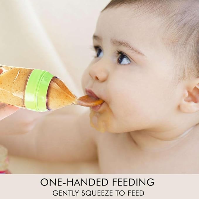 Matyz 2 PCS Silicone Baby Food Dispensing Spoon (Green, 4oz/120ml) Squeeze Feeder with Spoon - Spoon Bottle for Baby - Baby Spoon Feeder Bottle Baby Solid Food Feeder - Ideal for 4 Months+ Babies