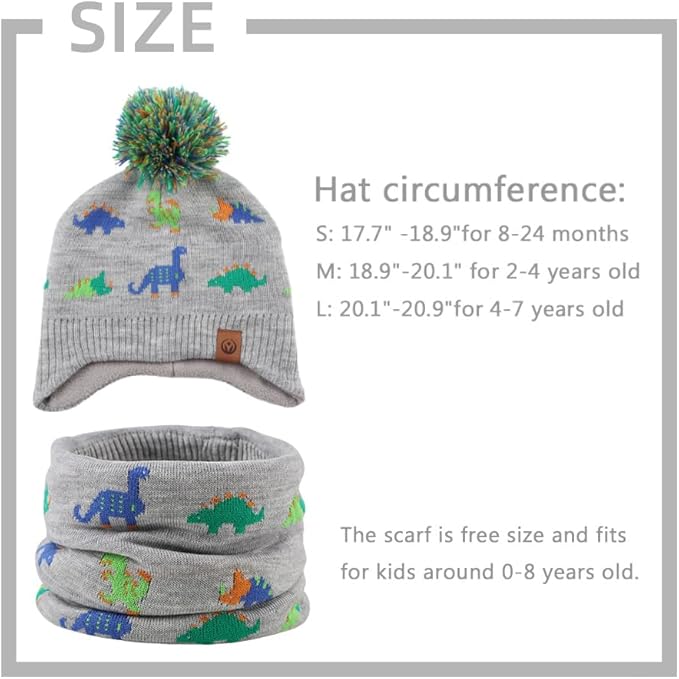 JANGANNSA Knitted Baby Hat Scarf Set Winter Warm Boys Girls Beanie Fleece Lining Toddler Kids Hats with Pompom