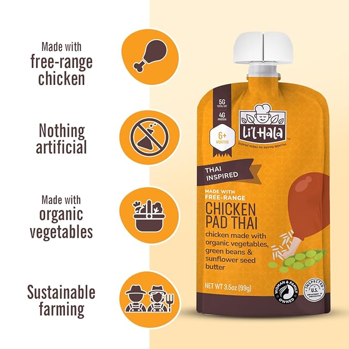 Li’l Hala Chicken Pad Thai Baby Food Pouches – Free-Range Chicken & Organic Veggies – Toddler Meals with Meat – Protein & Healthy Fats Puree – No Hormones – 6+ Months – 3.5 oz (12 Pack)