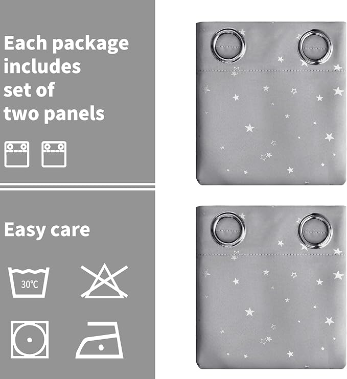 BGment Light Grey Star Blackout Curtains for Kid's Bedroom - Grommet Thermal Insulated Room Darkening Printed Curtains for Living Room, Set of 2 Panels (52 x 63 Inch, Light Grey)